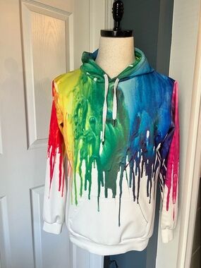 Rainbow Drip Print Hoodie - White Base